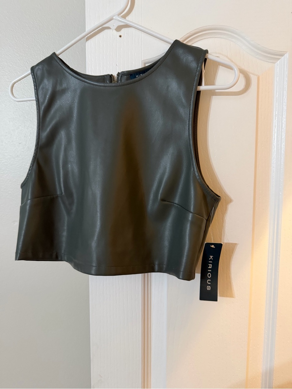 KIRIOUS Olive Faux Leather Cropped Tank